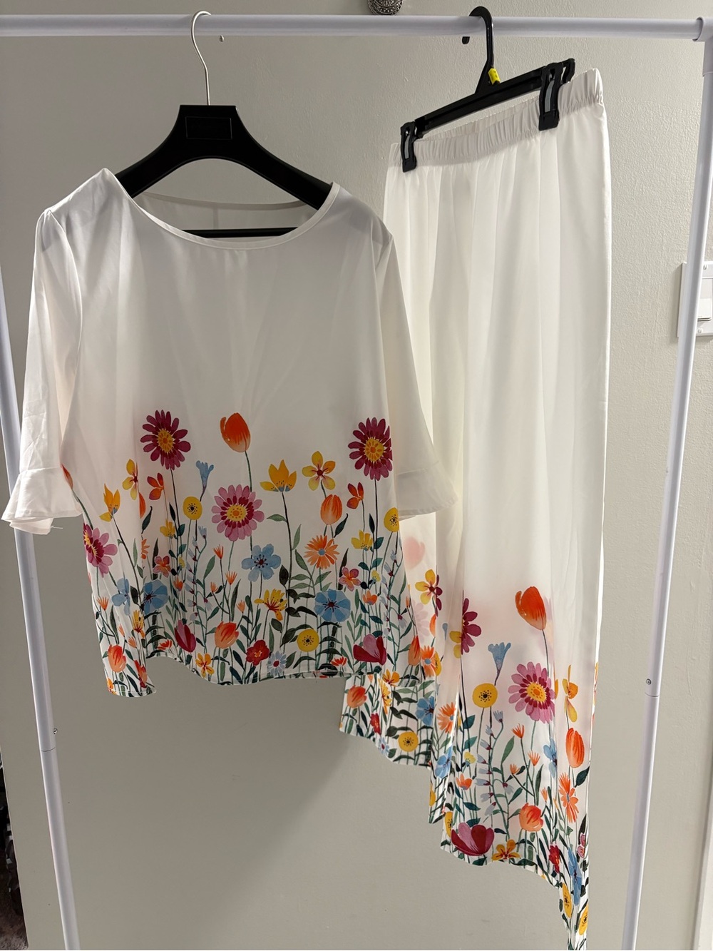 White Floral Two-Piece Set with Multicolor Blooms